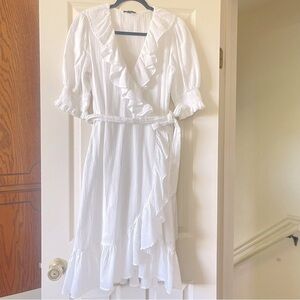 J. Crew White Wrap Ruffled Midi Dress Puff Sleeve Tie Waist Gauze Cotton Size M